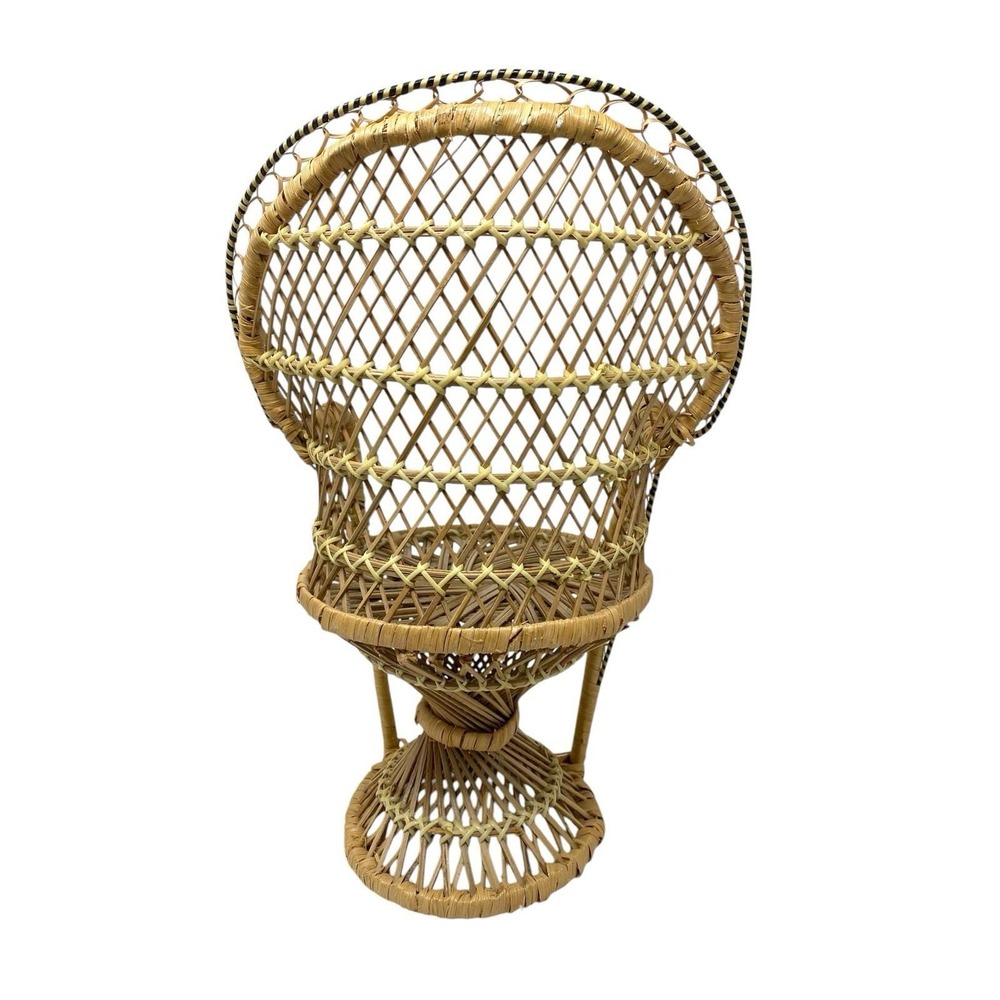 Vintage Wicker Rattan Peacock Fan Back Rattan Chair Doll Plant Stand Boho Decor - Picture 3 of 5
